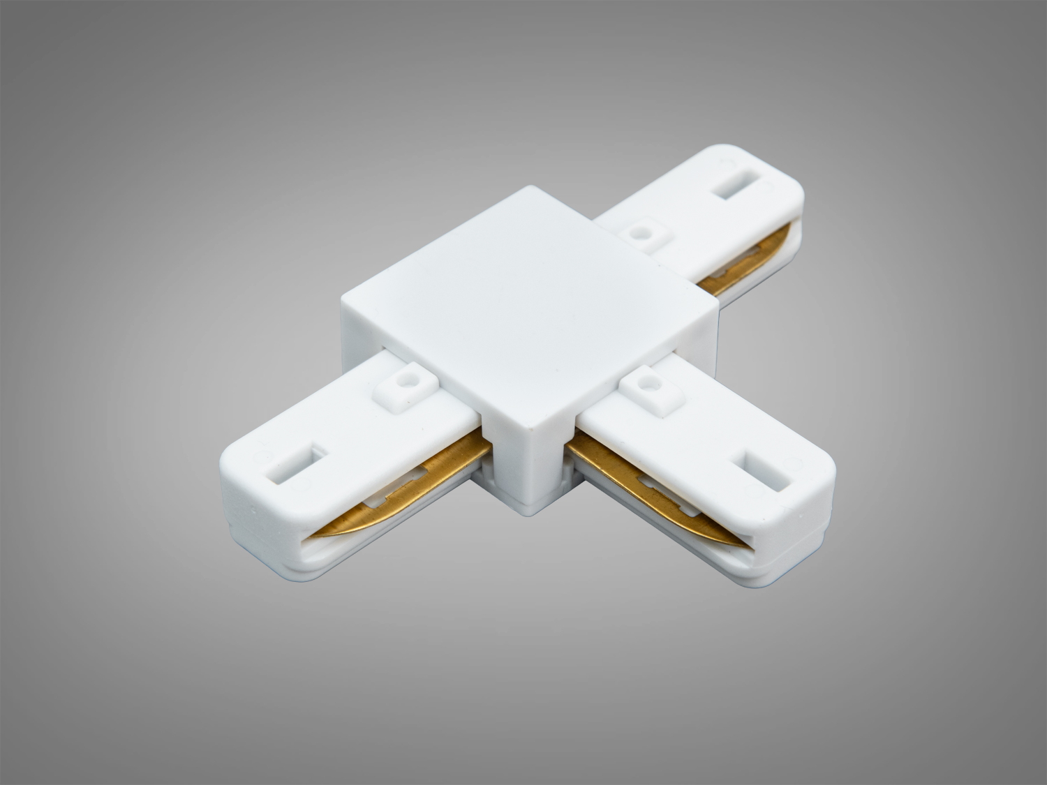 Білий Т‑з′єднувач для однофазної трекової системи 220В серії 1003. Формує Т‑розгалуження, три контактні доріжки, сумісність із рейками 1003.