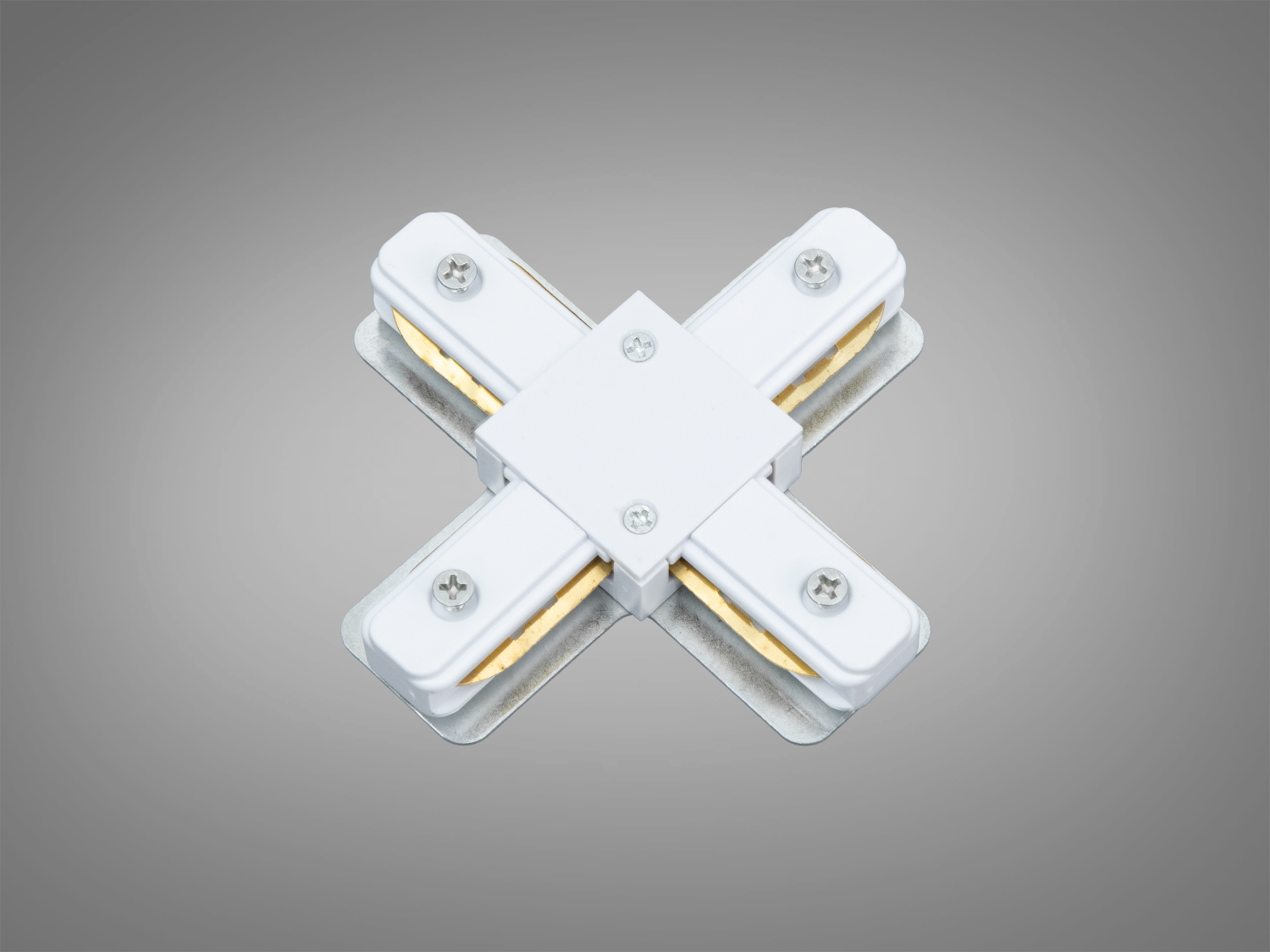 Білий хрестоподібний з′єднувач Diasha серії 1209 для трекових систем 220В. Формує перехрестя чотирьох рейок, гвинтове кріплення, пластиковий корпус і металева основа.
