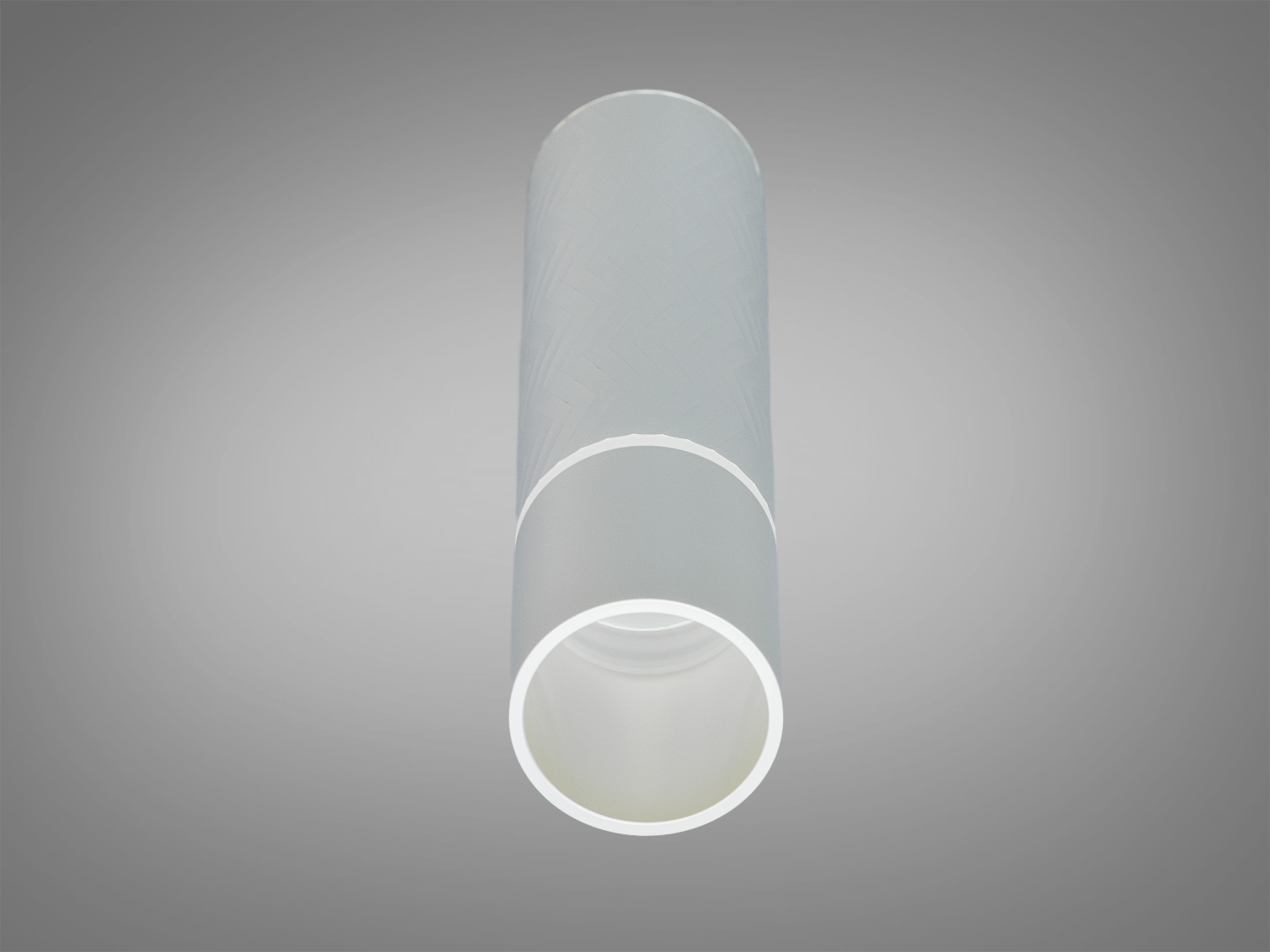 Підвісна лампа з циліндричним корпусом, матове скло з візерунком. Призначена для монтажу на стелі, створює м′яке освітлення.