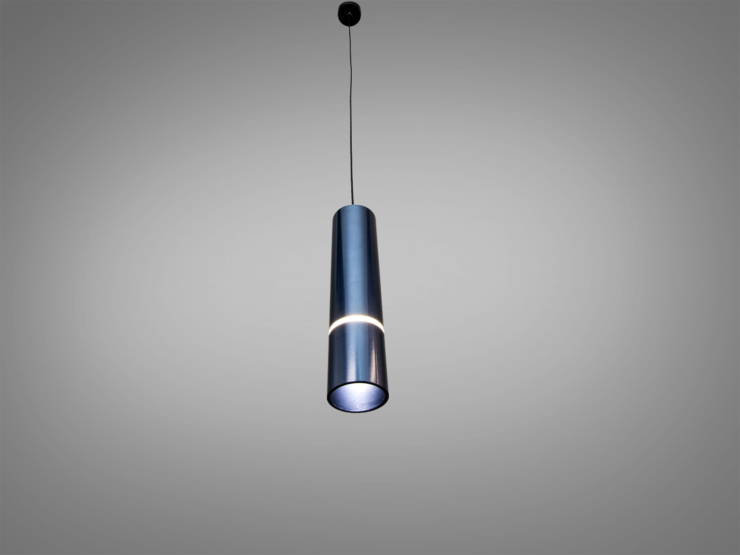 Підвісний світильник з конічним абажуром, темно-синій метал, вбудоване світлодіодне освітлення, підходить для кухні або вітальні.
