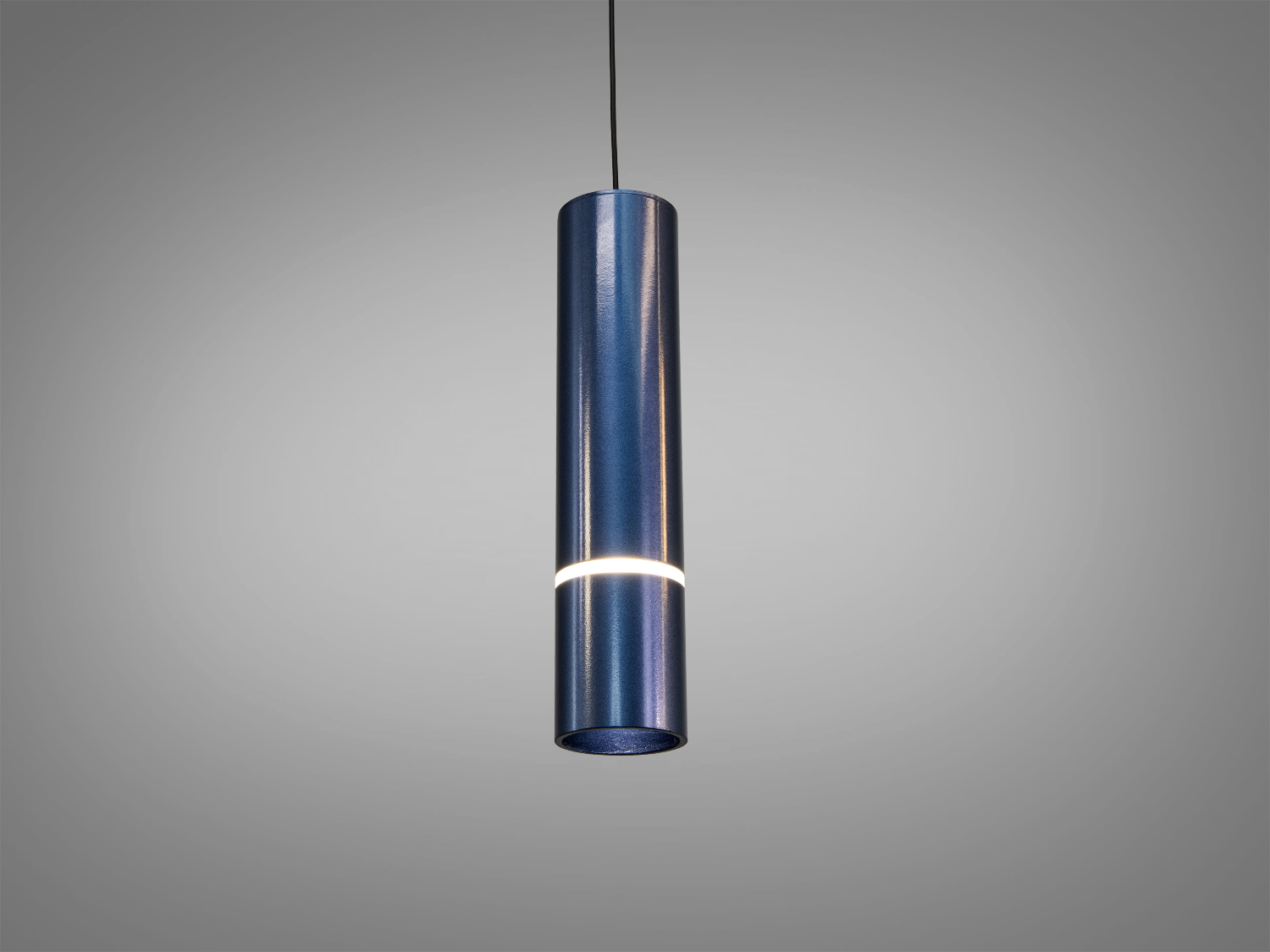 Підвісний світильник циліндричної форми, темно-синій метал, з декоративним світловим кільцем, ідеальний для офісних приміщень.