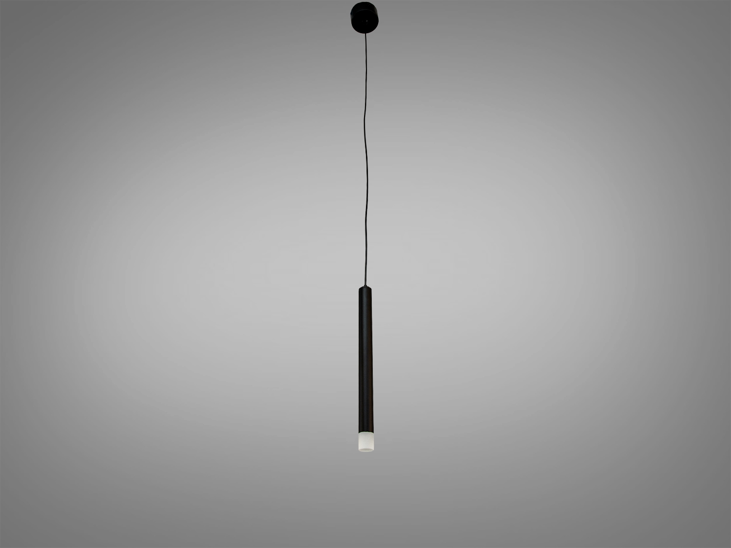 Чорний підвісний світильник з довгим шнуром, циліндрична форма, ідеальний для освітлення робочих зон у мінімалістичному стилі.