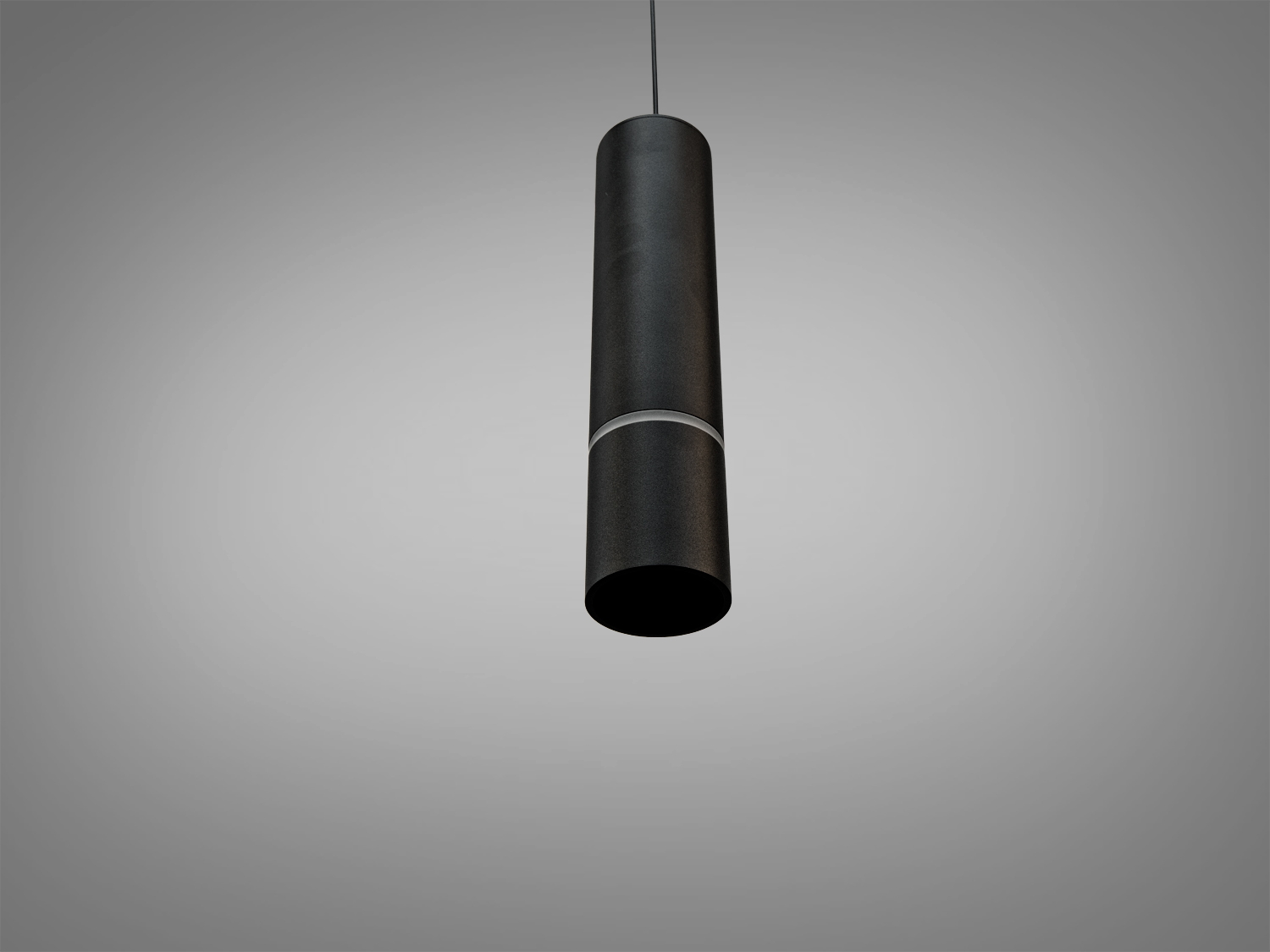 Підвісний світильник з чорного металу, циліндричний дизайн. Вузький проріз для світла додає стильності, підходить для офісних приміщень.