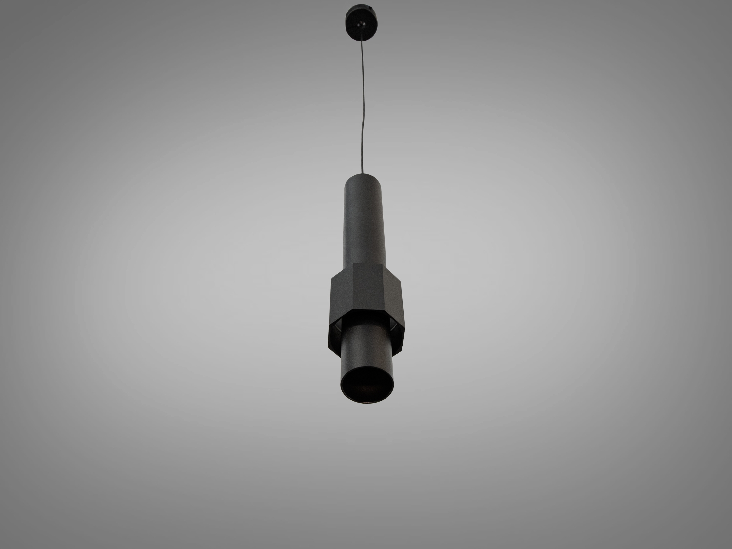 Чорний циліндричний світильник з акцентом на геометричний дизайн, підвісний монтаж, ідеально підходить для мінімалістичних просторів.