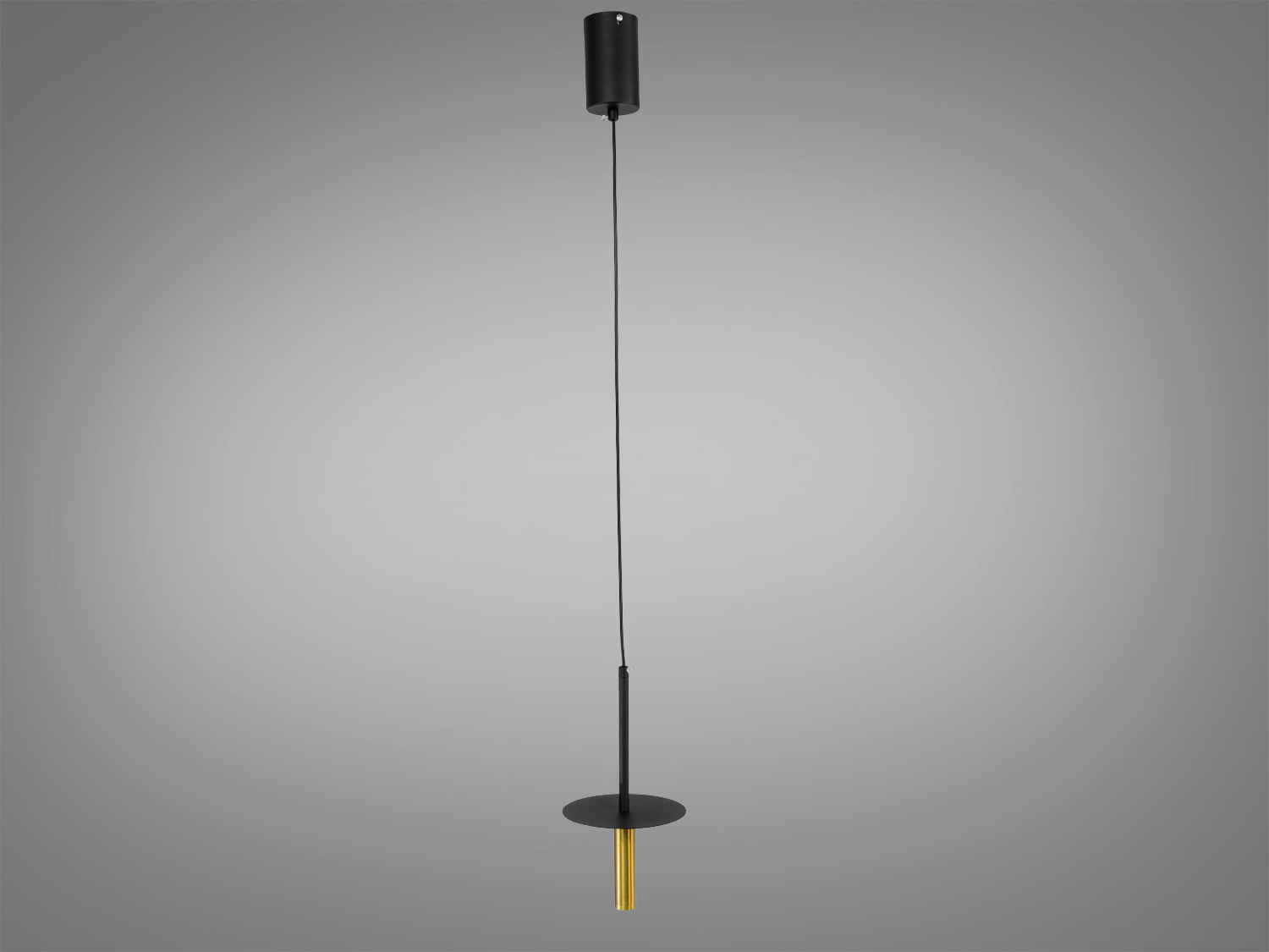 Підвісний світильник з довгим чорним кабелем, золотистий циліндричний плафон, ідеально для мінімалістичних просторів.