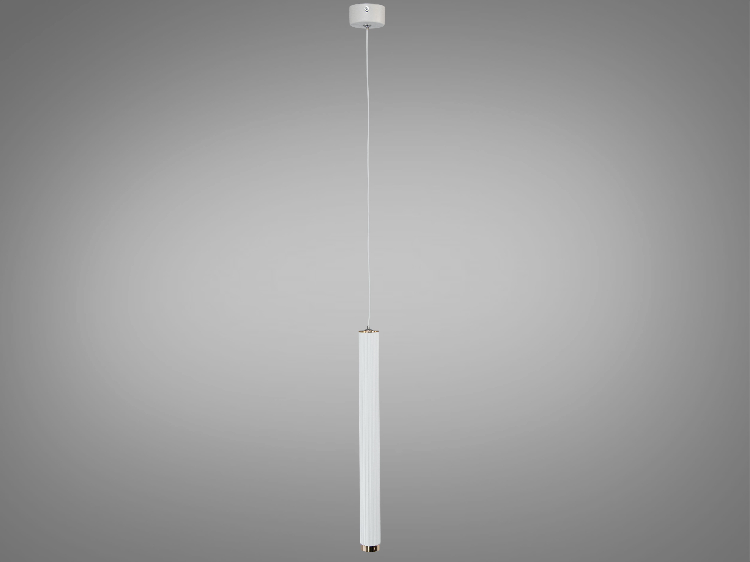 Підвісний світильник з білим циліндричним корпусом і тонким кабелем для монтажу на стелі, підходить для мінімалістичних просторів.