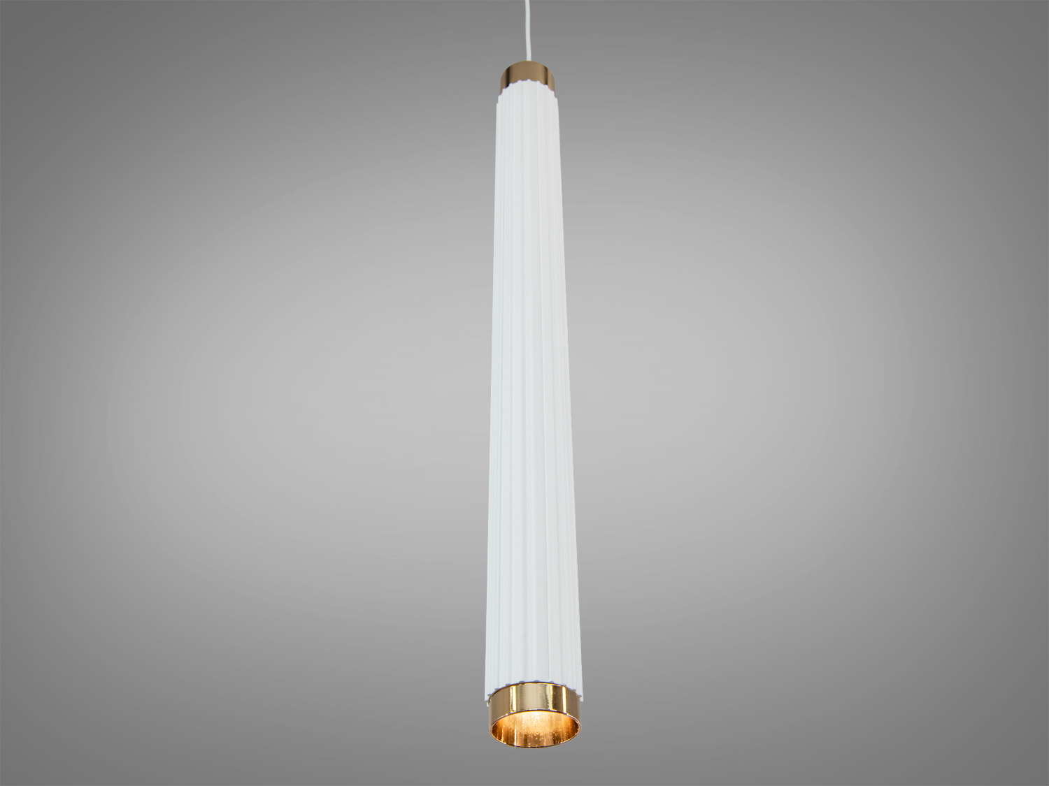 Підвісний світильник циліндричної форми з білим корпусом та золотистими акцентами, ідеальний для сучасного інтер′єру.