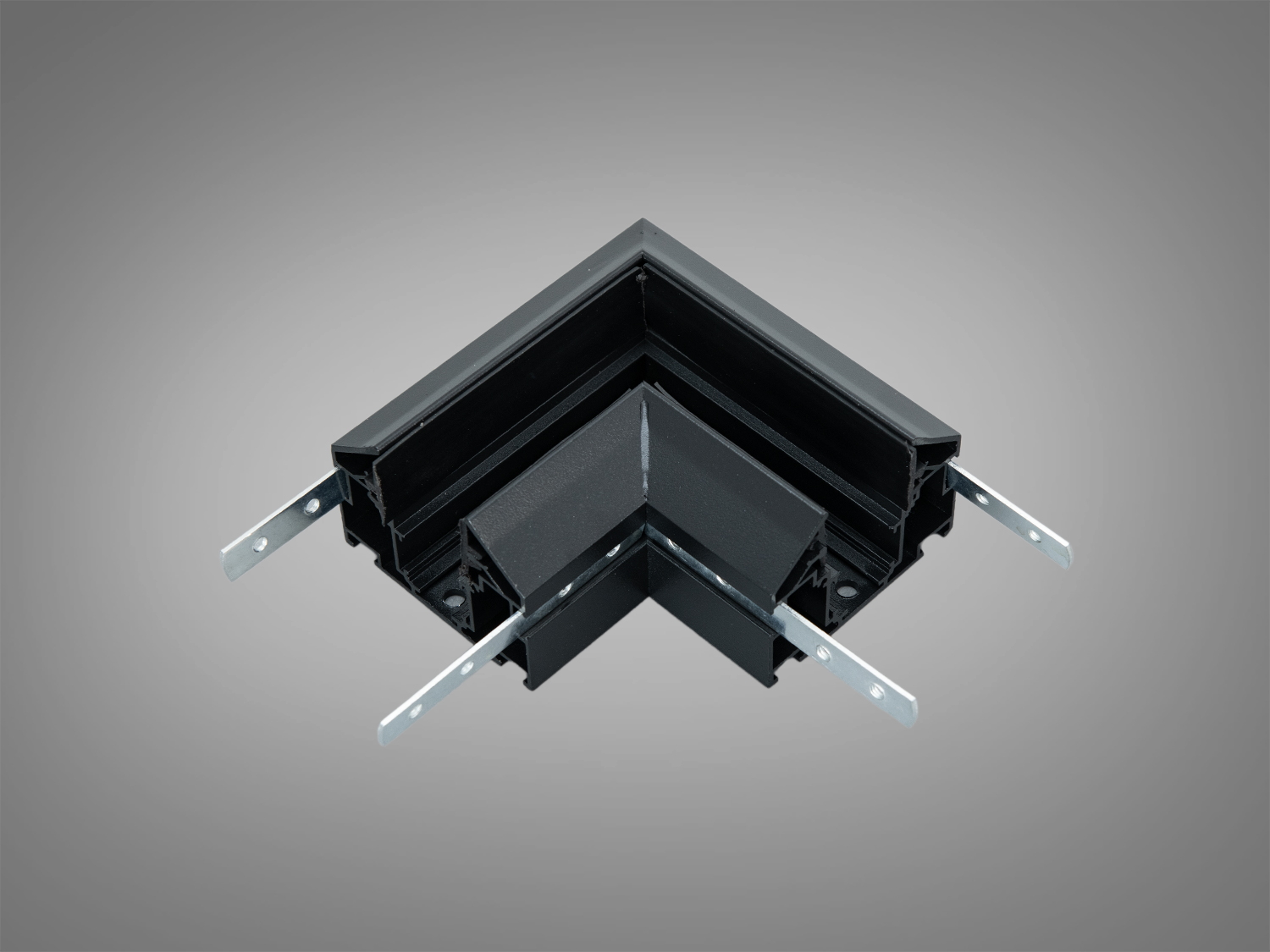 Чорний кутовий з’єднувач Diasha для магнітного треку з металу. Акуратний поворот лінії та жорстке з’єднання профілів, зручно для натяжних стель. Підходить для житлових і комерційних інтер’єрів.