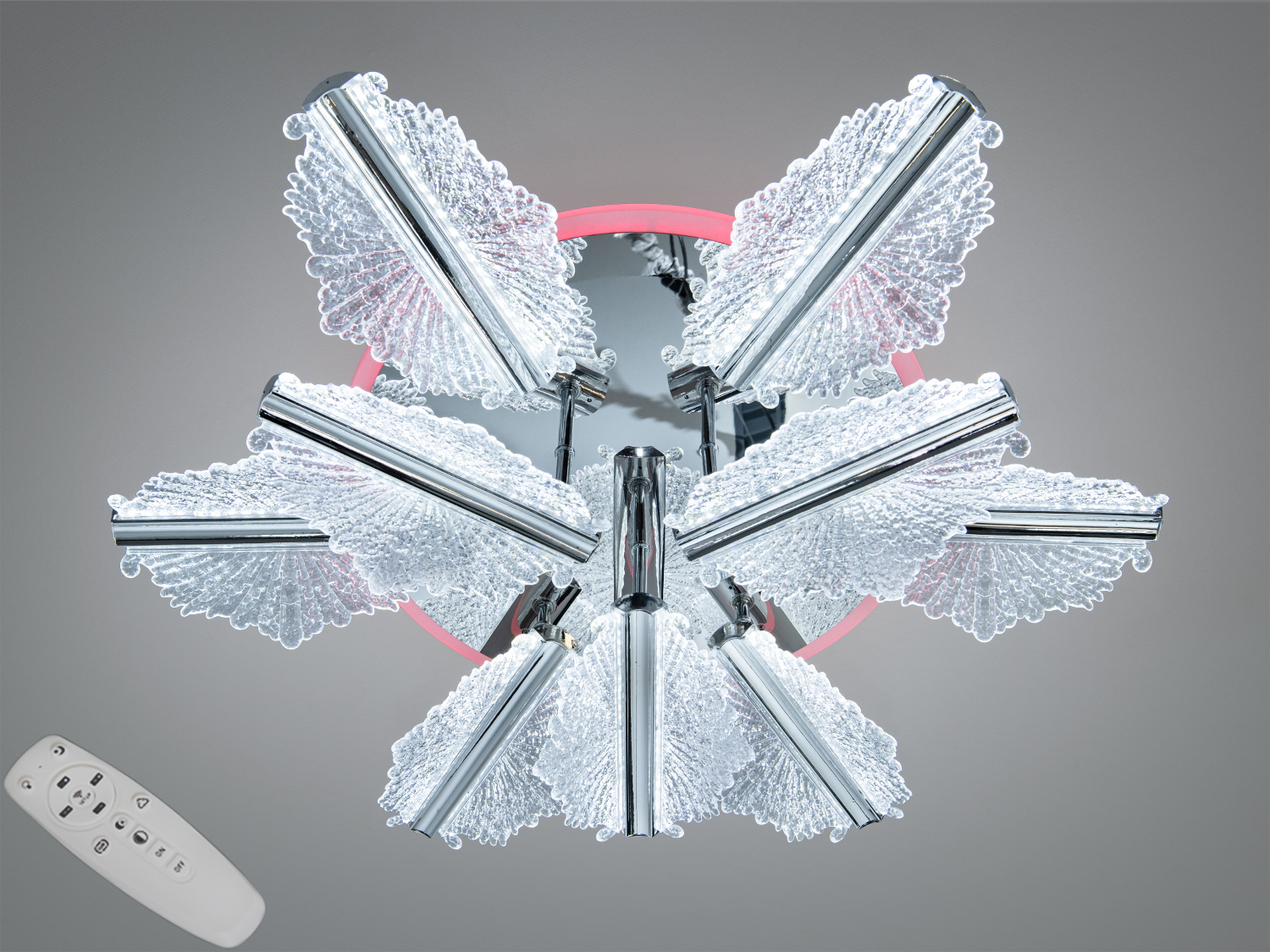 Стельова LED люстра 95 Вт у хромі з пультом, димером і підсвіткою. 9 акрилових елементів, 3 температури 3200/4100/6500K. Підходить для кімнат до 16 м².