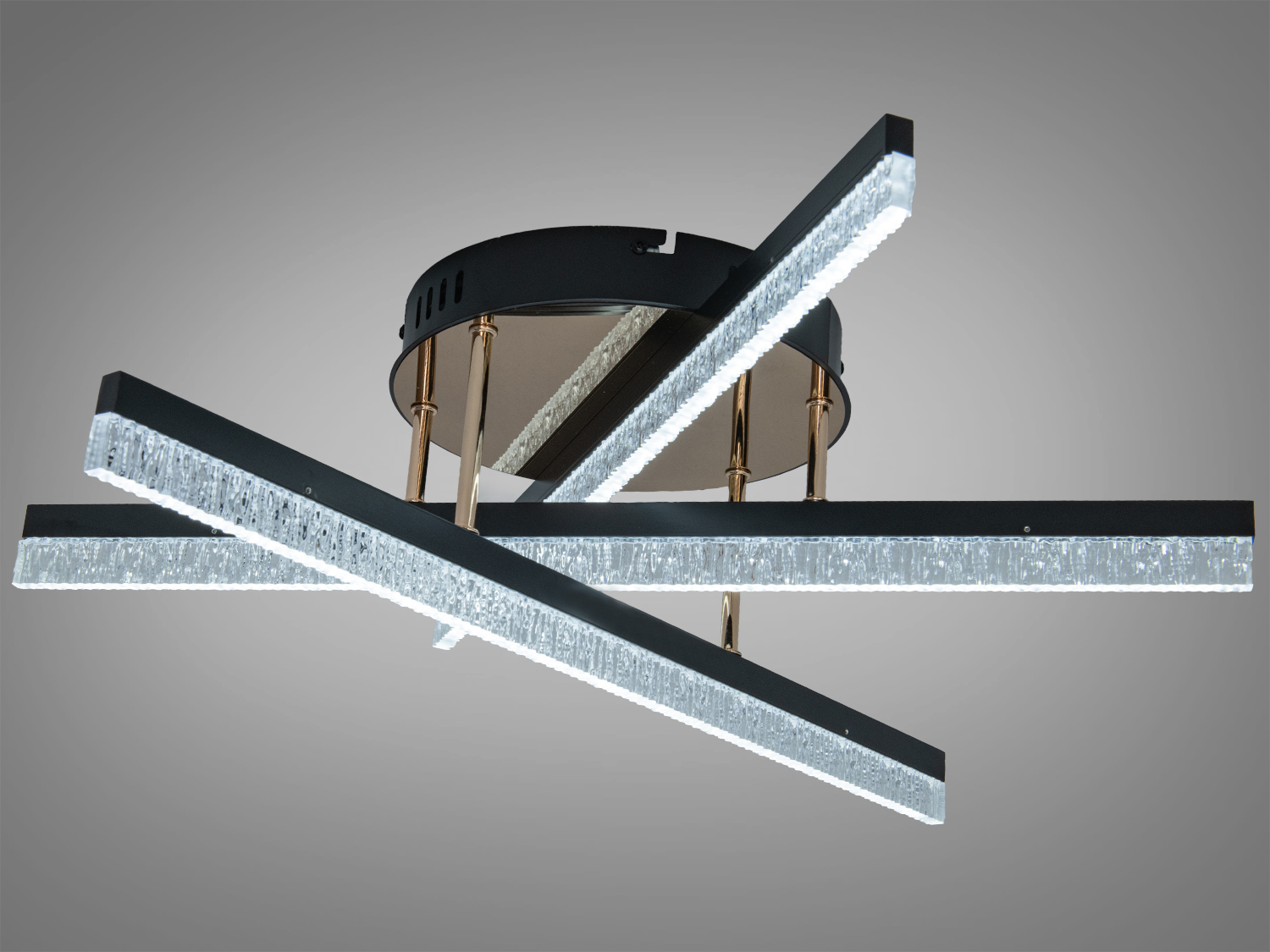 Світильник з трьома перехресними лініями, чорний корпус, прозорі акрилові вставки, холодне світло, підходить для сучасних інтер′єрів.