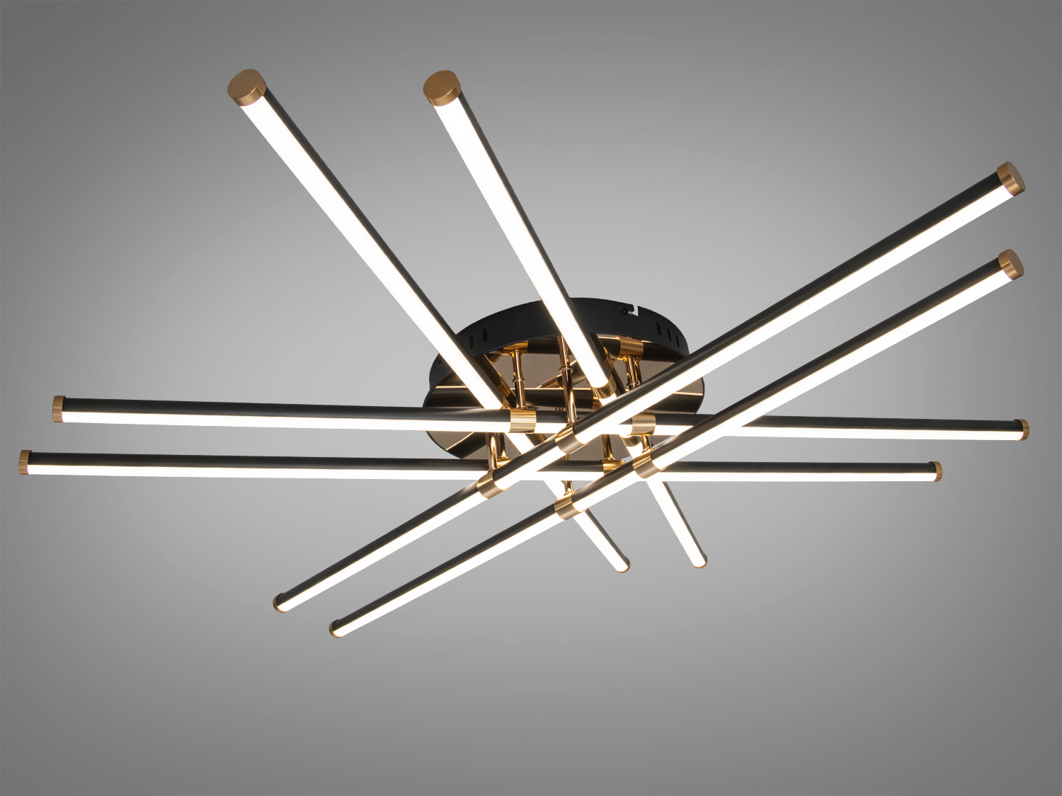 Стельовий світильник із шістьма подовженими LED-трубками, розташованими у формі зірки. Ідеально підходить для сучасного інтер′єру.