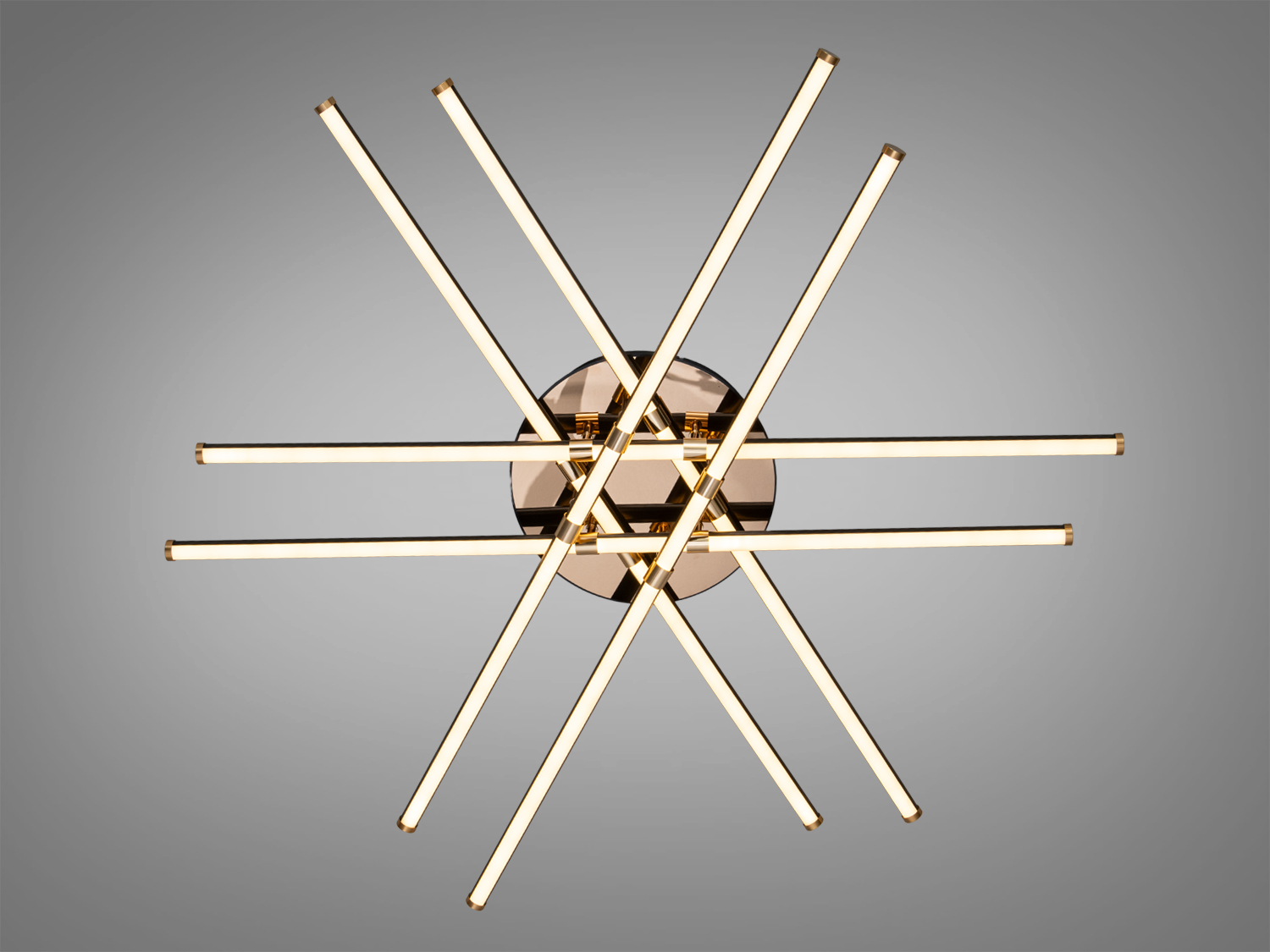 Світильник із золотистими акцентами та вісьмома LED-трубками, які перетинаються. Підходить для просторих приміщень.