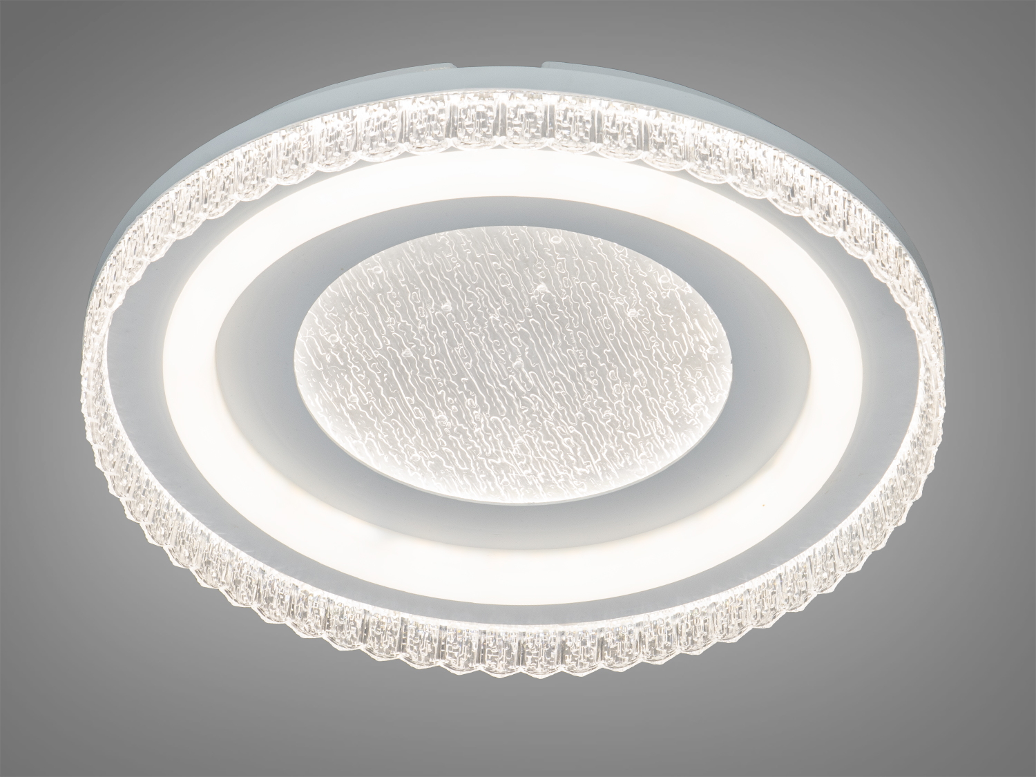 Стельовий LED світильник Diasha 85 Вт у формі білого кола з матовим плафоном і прозорим кантом. Накладний монтаж, керування вимикачем, без пульта, для кімнат до ~15 м².