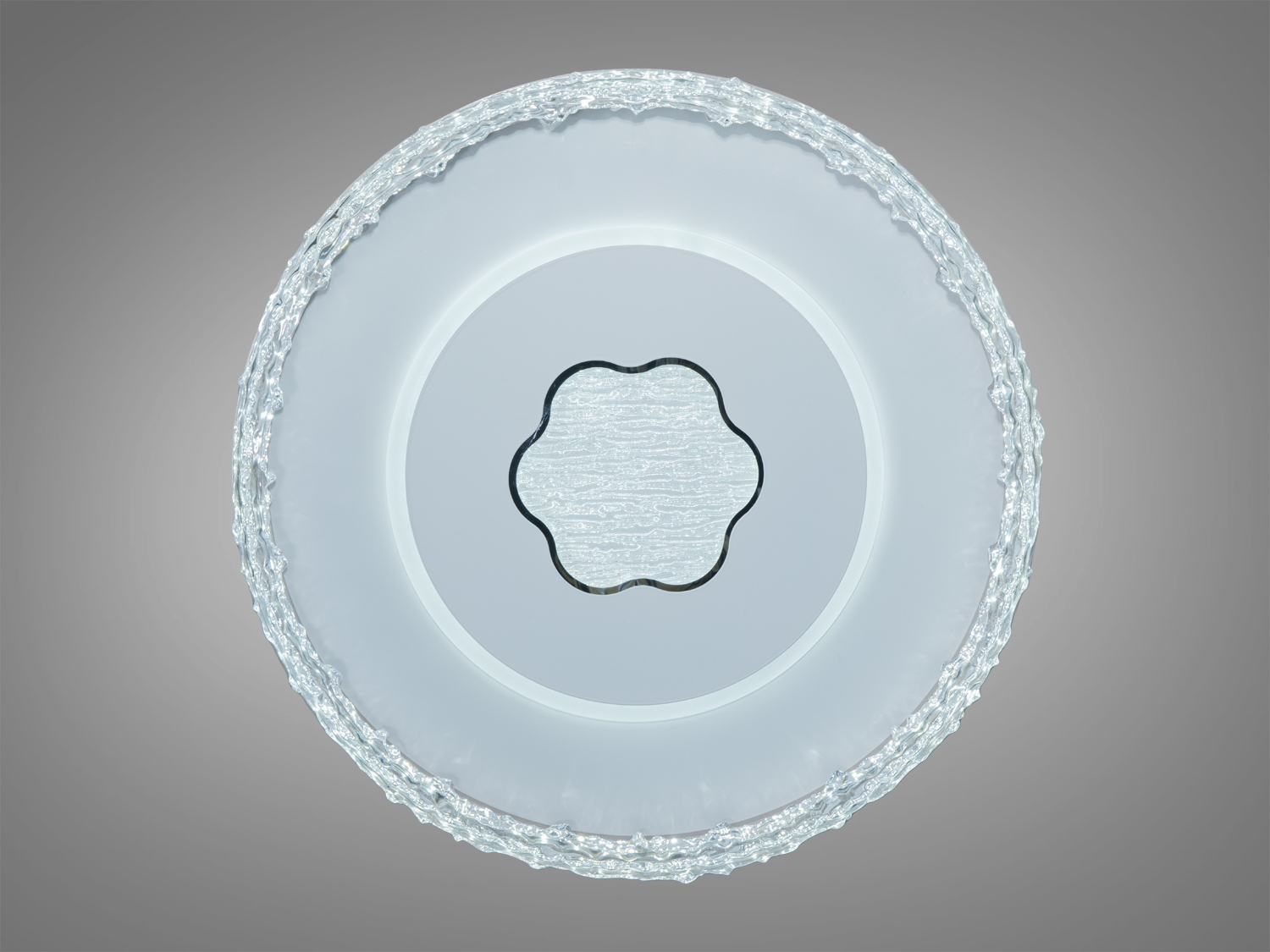 Стельова лампа з прозорим обідком та центральним елементом у формі квітки. Ідеальна для освітлення вітальні або спальні.