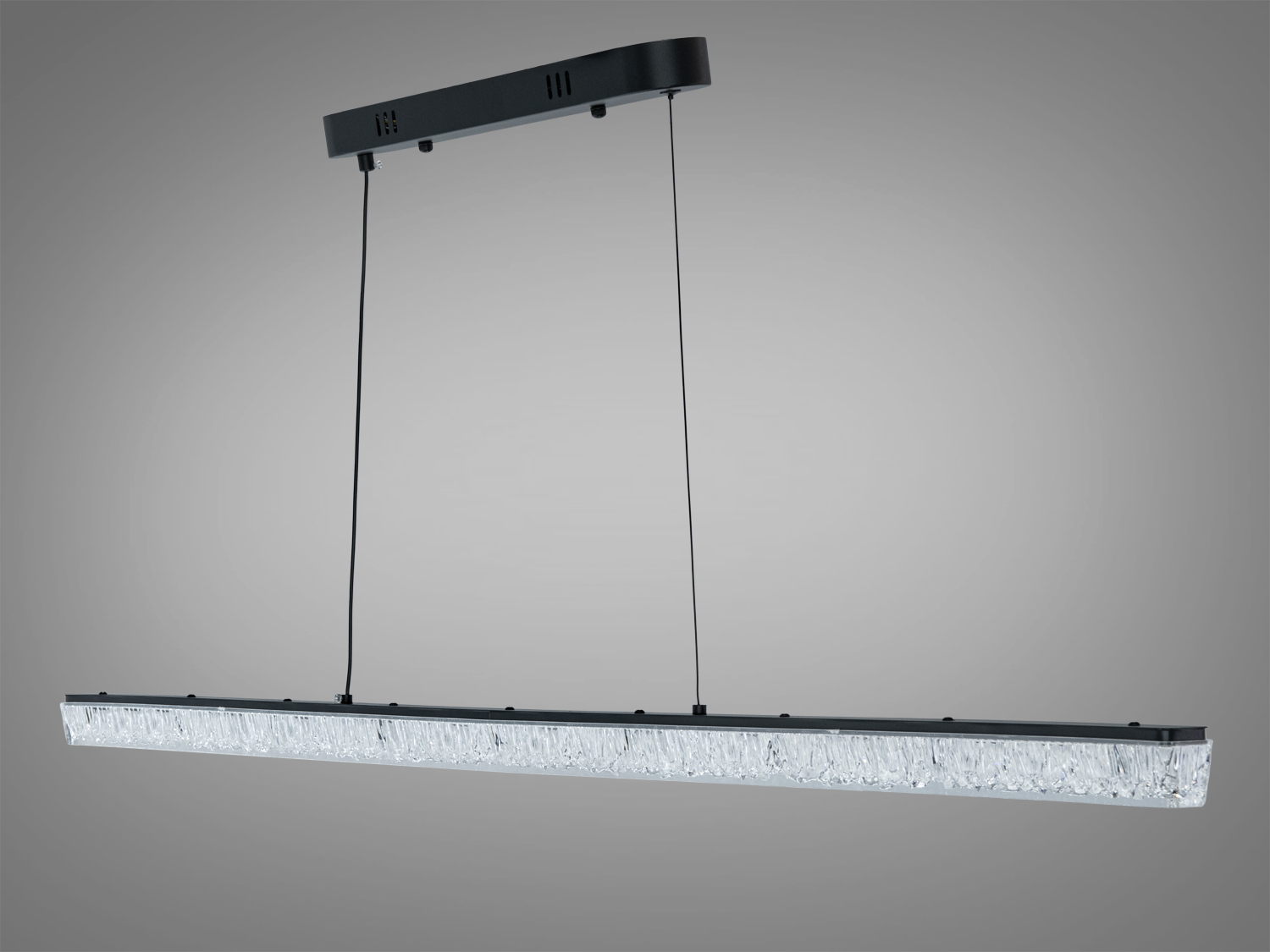 Сучасний світильник з акриловим дифузором, що нагадує кришталь. Підходить для вітальні, підвісна конструкція на двох тросах.